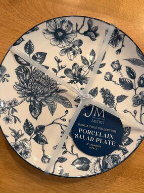 Set of 4 Medici Dahlia Toile Collection Porcelain Salad Plates 8" Blue NWT